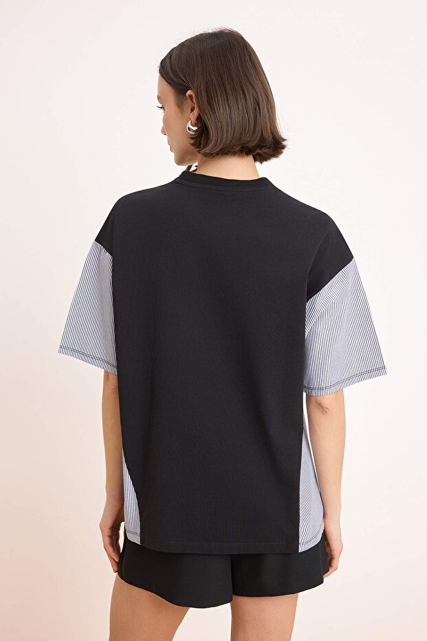 Siyah Kalın Pamuklu Oversize/Geniş Kalıp Poplin Detaylı Baskılı Örme T-Shirt TWOSS24TS00005 - 5