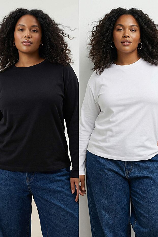 Siyah-Beyaz 2'li Paket %100 Süprem Regular/Normal Kalıp Örme T-Shirt TBBAW26BF00007