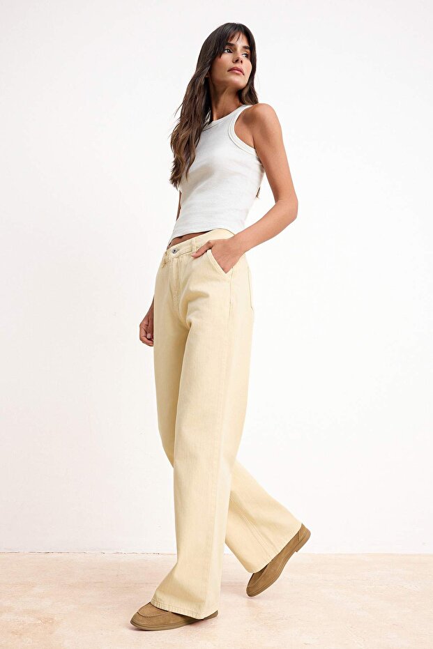 Taş DÖKÜMLÜ Yüksek Bel %100 Pamuk Wide Leg Jeans TWOSS26JE00014 - 3