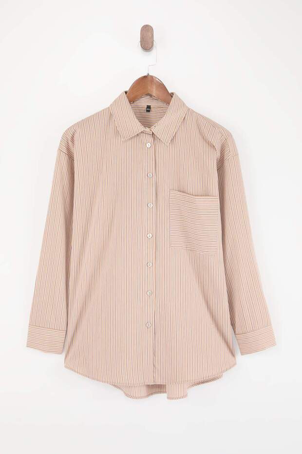 Kahverengi Çizgili Dokuma Oversize Gömlek TWOSS26GO00148 - 6