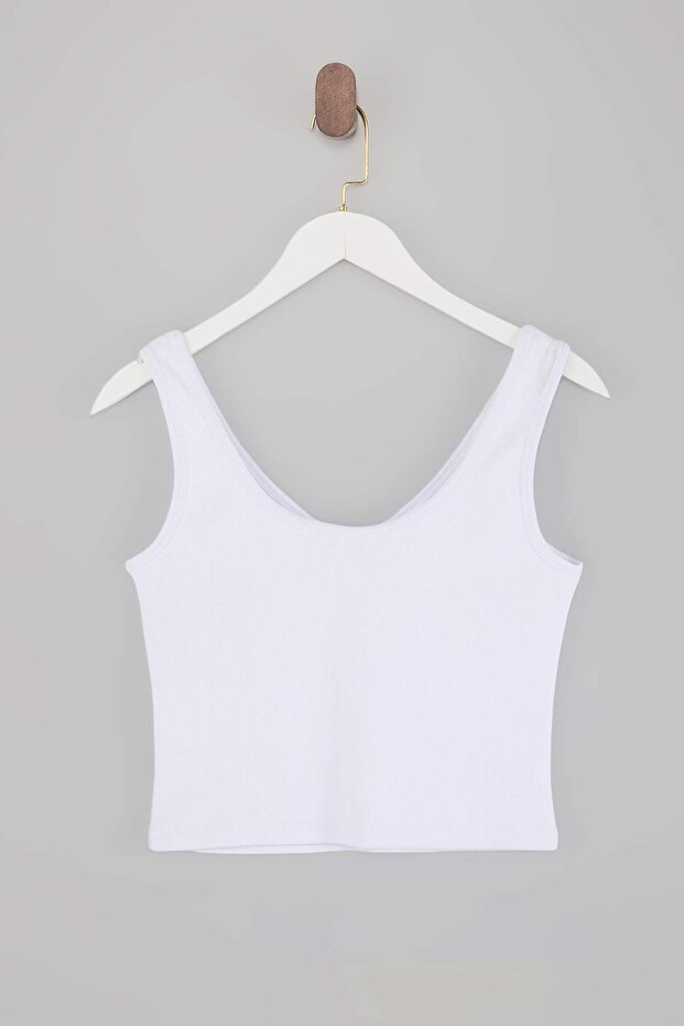 Beyaz Fitilli V Yaka Crop Esnek Örme Atlet TBBSS26CV00007 - 6