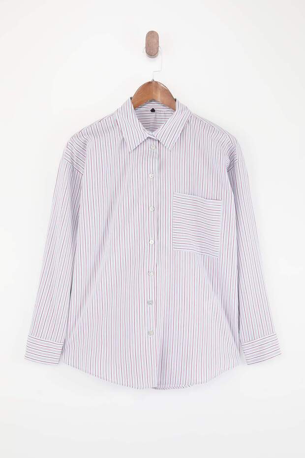 Pembe Çizgili Oversize/Geniş Kalıp Gömlek TWOSS26GO00147 - 6