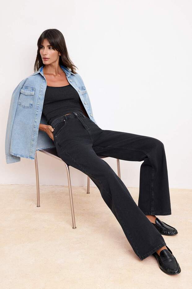 Siyah DÖKÜMLÜ Yüksek Bel MEVSİMLİK %100 Pamuk Uzun Boy Wide Leg Jeans TWOSS26JE00127 - 1