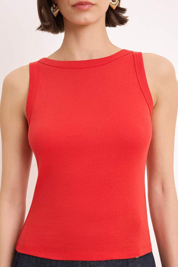 Wardrobe Essentials-Kırmızı Fitted/Vücuda Oturan Kolsuz Pamuk Ribana Örme Atlet TWOSS26AL00043 - 7