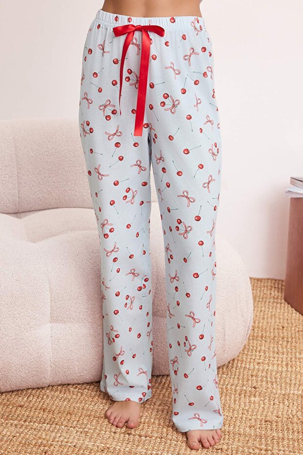 Açık Mavi %100 Pamuklu Kiraz ve Kurdele/Fiyonk Desenli Örme Pijama Takımı THMSS25PT00188 - 3