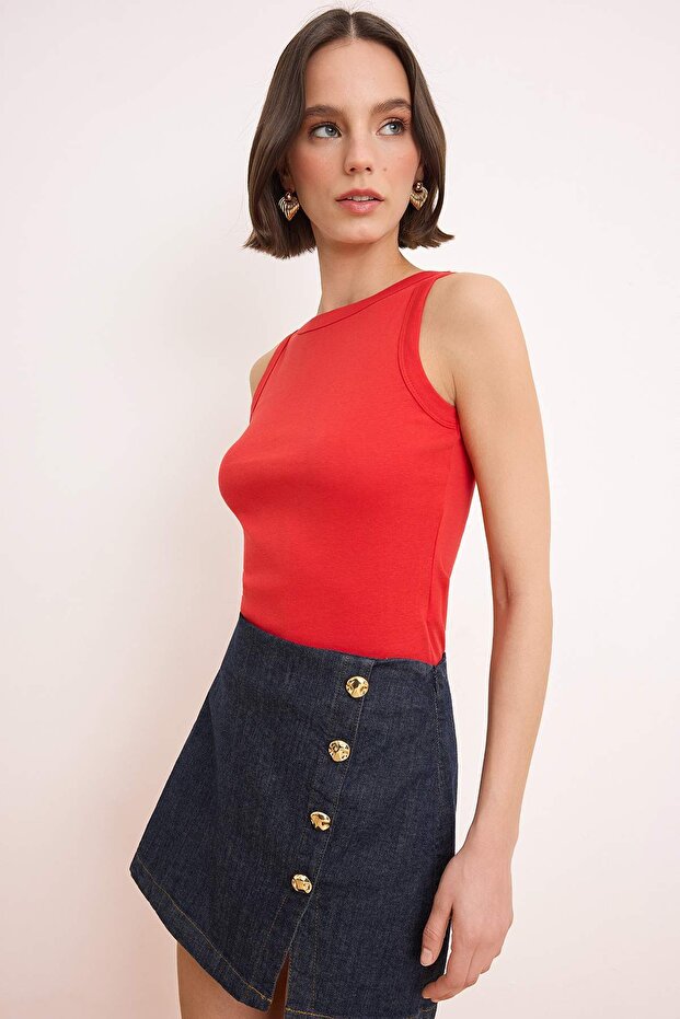 Wardrobe Essentials-Kırmızı Fitted/Vücuda Oturan Kolsuz Pamuk Ribana Örme Atlet TWOSS26AL00043 - 6