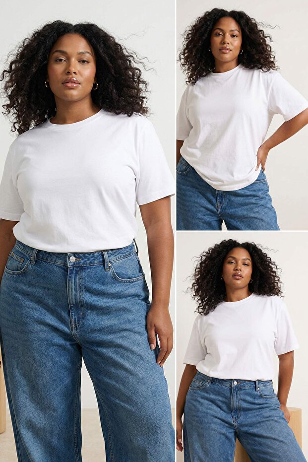 Beyaz 3'lü Paket Büyük Beden T-shirt TBBSS25BF00071 - 1