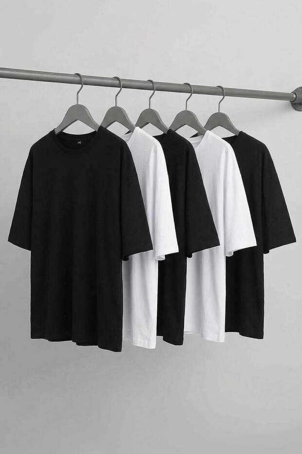Unisex Büyük Beden Siyah -Beyaz 5'li Paket Slim/Dar Kesim %100 Pamuklu T-Shirt TMNSS25BF00011 - 1
