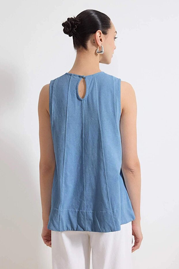 Mavi Relaxed Yıkamalı Kolsuz Dikiş Detaylı Tok %100 Pamuk Örme Bluz TWOSS26BZ00170 - 4