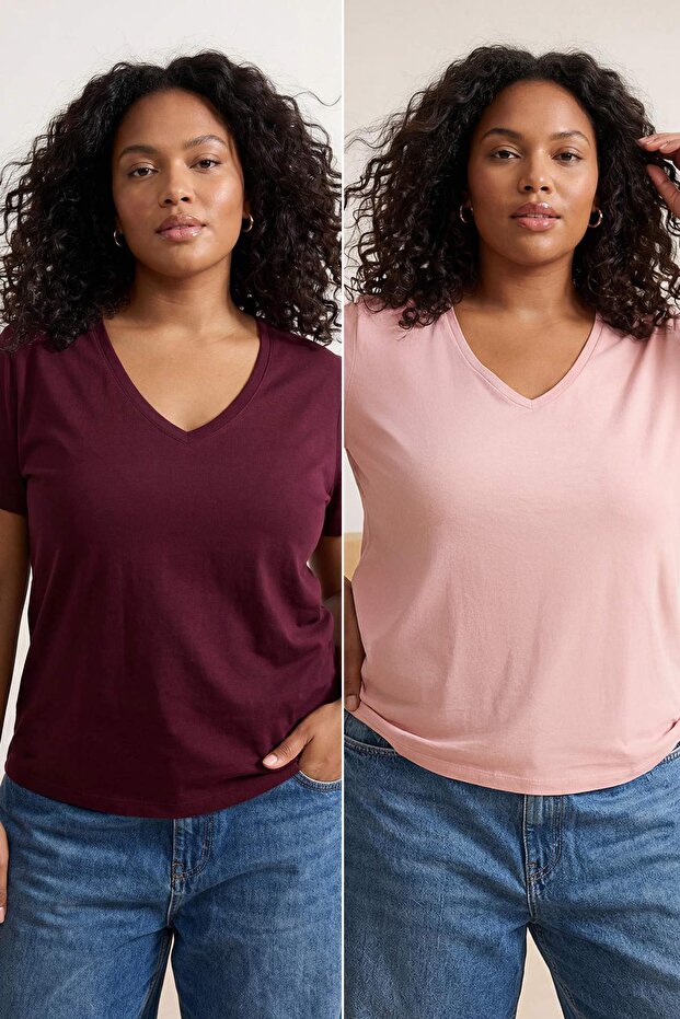 Bordo Pembe 2'li Paket Basic V Yaka %100 Pamuk Örme Büyük Beden T-Shirt TBBSS22TS0705 - 1
