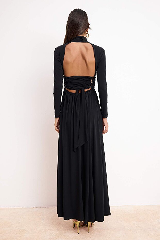 Siyah Aksesuar Detaylı Örme Maxi Abiye & Mezuniyet Elbisesi TPRSS26AE00004 - 4