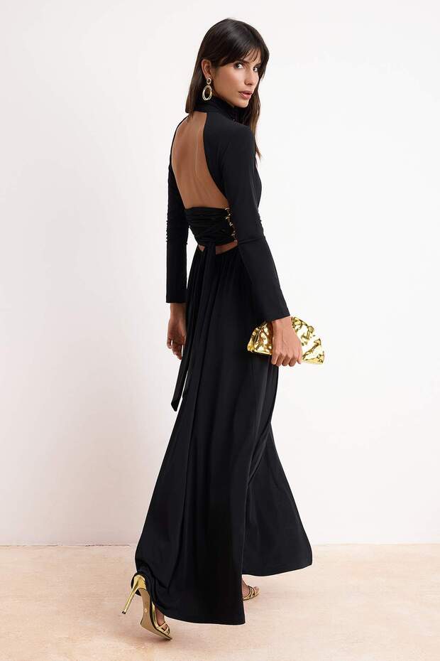 Siyah Aksesuar Detaylı Örme Maxi Abiye & Mezuniyet Elbisesi TPRSS26AE00004 - 2