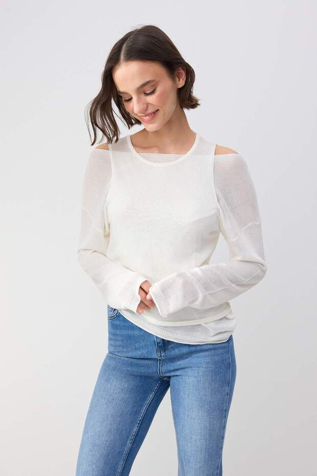 Wardrobe Essentials Ekru Kayık Yaka Oversize 2'li Atlet-Bluz Triko İnce Bluz TWOSS26BZ00283 - 3