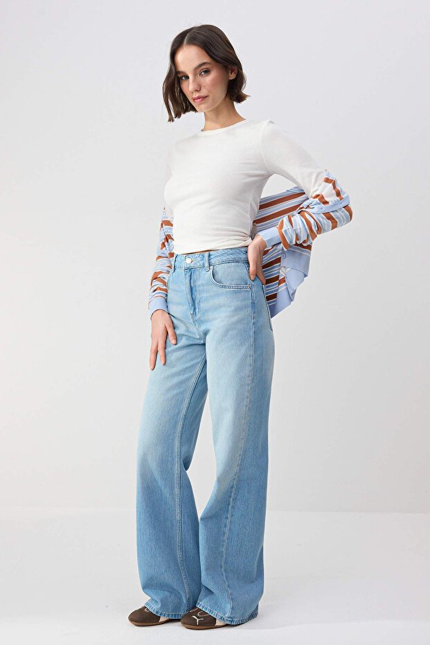 Trendyolmilla Wardrope Essentials Mavi DÖKÜMLÜ Yüksek Bel %100 Pamuk Wide Leg Jeans TWOSS26JE00123 - 4