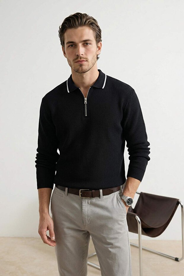 Siyah Loose Fit Dokulu Yaka Çizgi Detaylı Fermuarlı Polo Yaka T-shirt TMNSS26PO00003 - 2