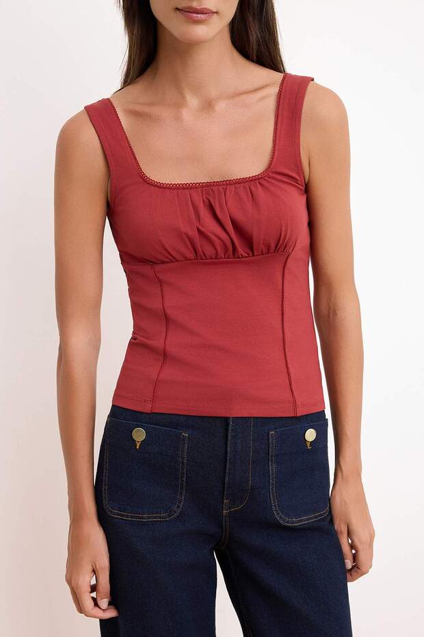 Kiremit Fitted/Vücuda Oturan Kare Yaka Kalın Askılı Kolsuz Pamuklu Esnek Örme Atlet TWOSS26AL00030 - 3
