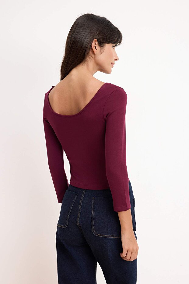 Bordo Fitted/Vücuda Oturan Havuz Yaka Ay Kol Truvakar İnterlok Örme Bluz TWOSS26BZ00639 - 4