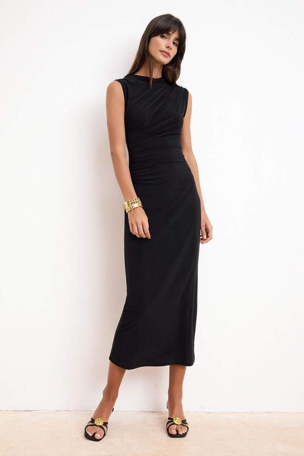 Siyah Düz Bodycon Dik Yaka Kolsuz Midi Esnek Örme Elbise TWOSS26EL00370 - 2