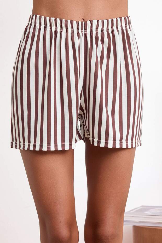Kahverengi 3'lü Çizgili Kurdele Detaylı Örme Pijama Takımı THMSS26PT00068 - 3