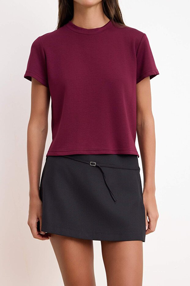 Bordo Düz Regular Bisiklet Yaka Düşük Kol Kısa Soft Touch Örme T-Shirt TWOSS26TS00197 - 3