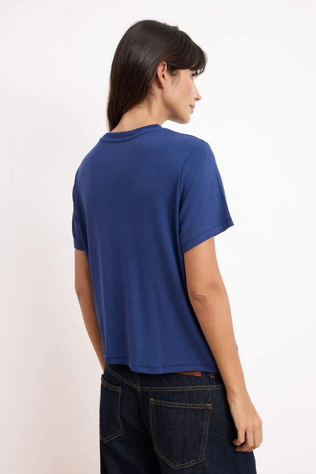 Lacivert Düz Regular/Normal Kalıp Kısa Kollu Yumuşak Örme T-Shirt TWOSS26TS00159 - 4