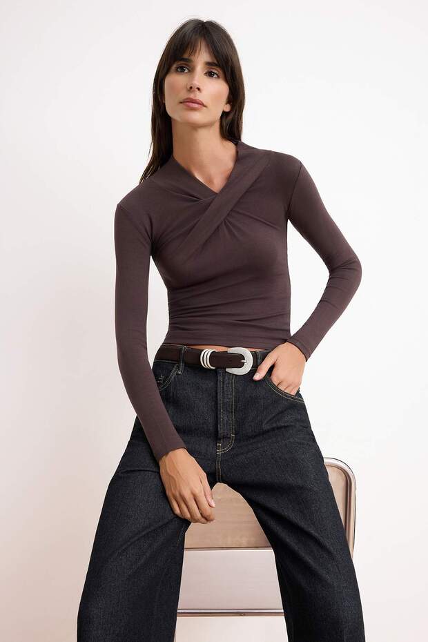 Brown Fitted/Asymmetrical Collar Long Sleeve Stretchy Knitted Blouse Twoss26Bz00692