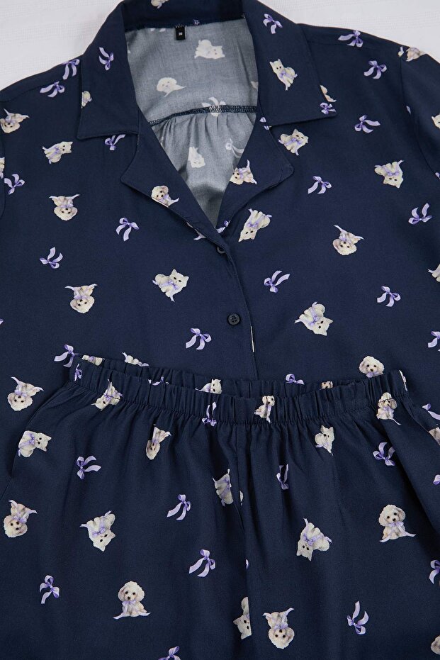Teen Lacivert Kedi, Köpek ve Kurdele/Fiyonk Desenli Viskon Dokuma Pijama Takımı THMSS26PT00106 - 4