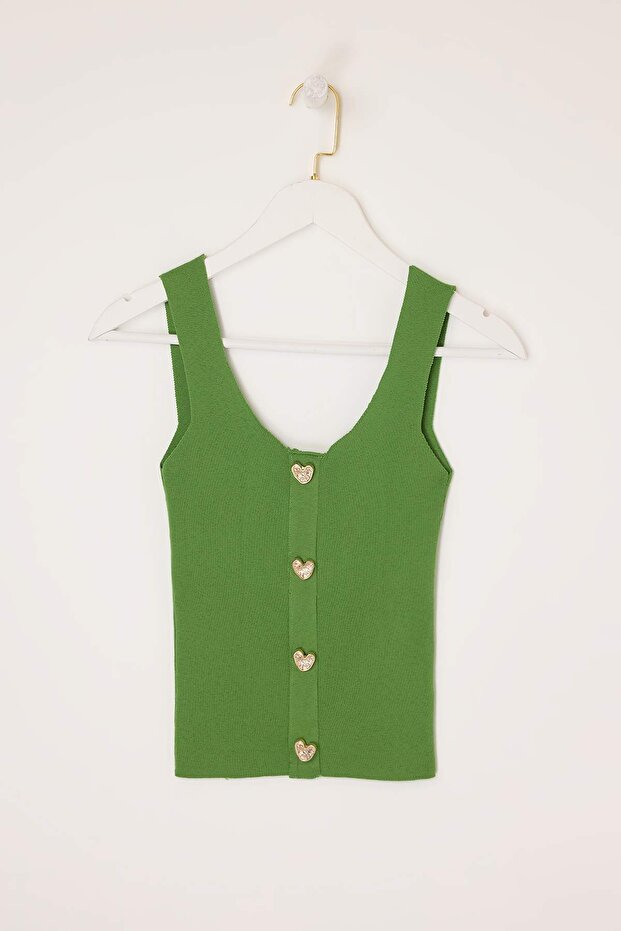 Yağ Yeşil Kalp Düğme Detaylı Crop Triko Bluz TWOSS26BZ00321 - 8