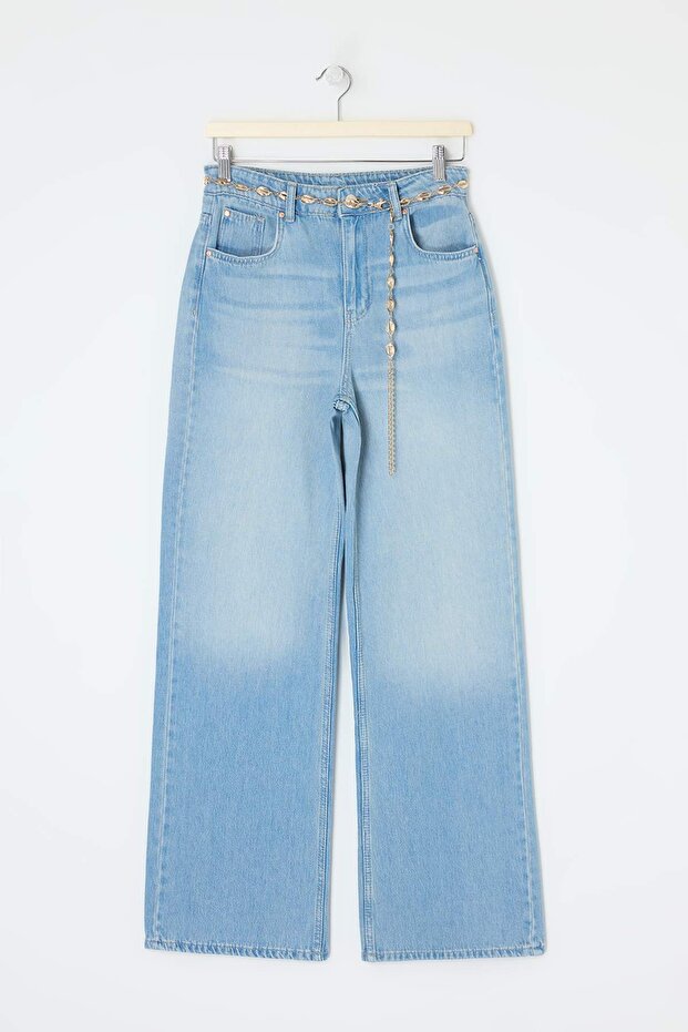 Mavi Kemerli %100 Pamuk Zincir Kemer Detaylı Yüksek Bel Wide Leg Jeans TWOSS26JE00233 - 5