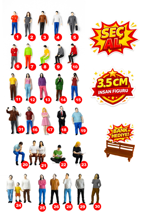 Friday Home Hediyeli 5 Adet Maket Insan Teraryum ve Minyatür Müze için Figür - Renkli - 1/50 Ölçekli 1:50 3,5cm
