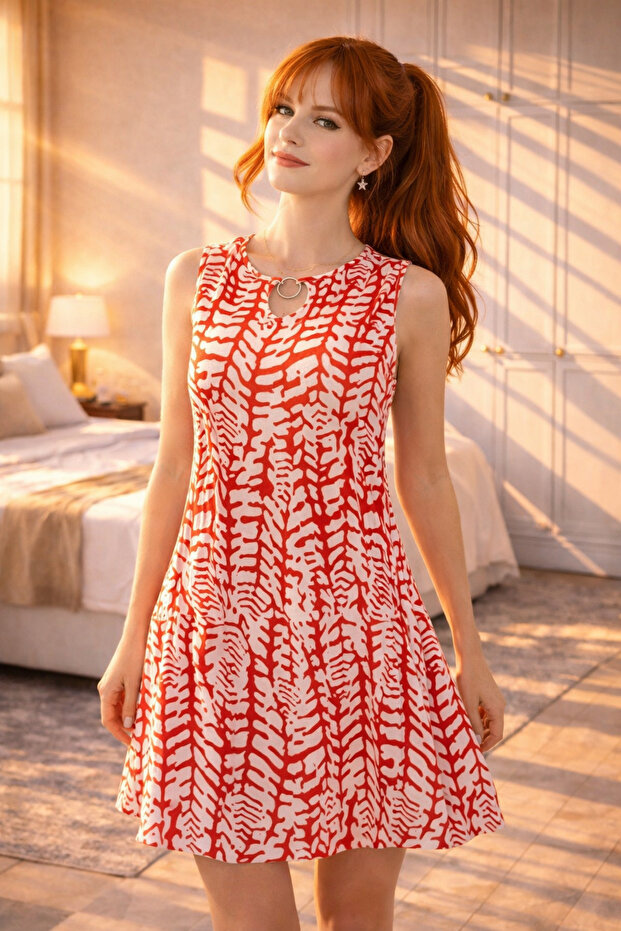 Women's Sleeveless Ring Detail Collar Wrap Fabric Dress (Coloured)
