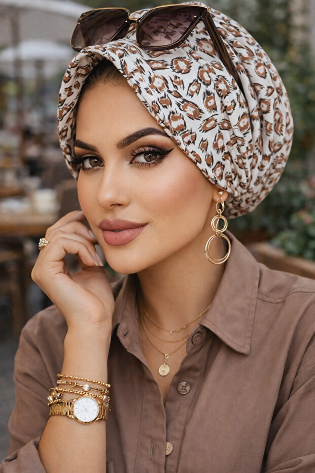 Camel Leopard Fullless Hat Bonnet - 1