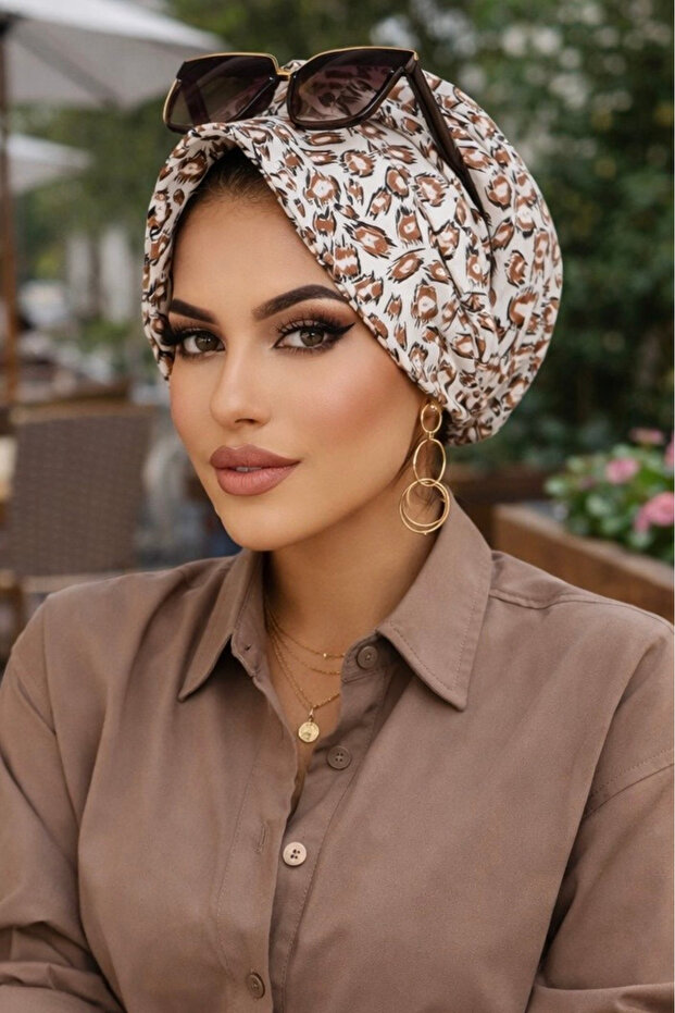 Camel Leopard Fullless Hat Bonnet - 2