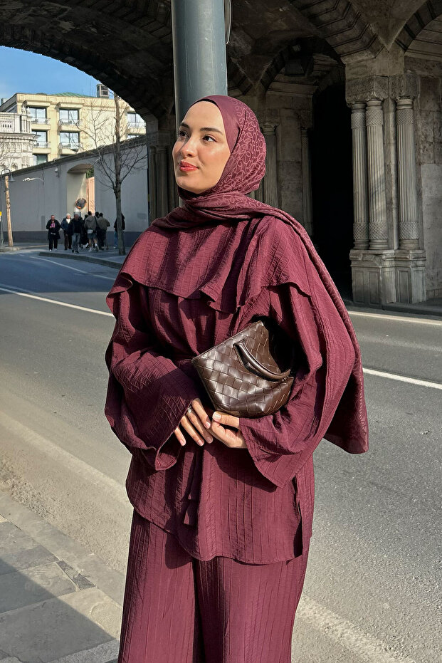 Women's Self-Patterned Collared Cape and Waist Tie Suit in Burgundy