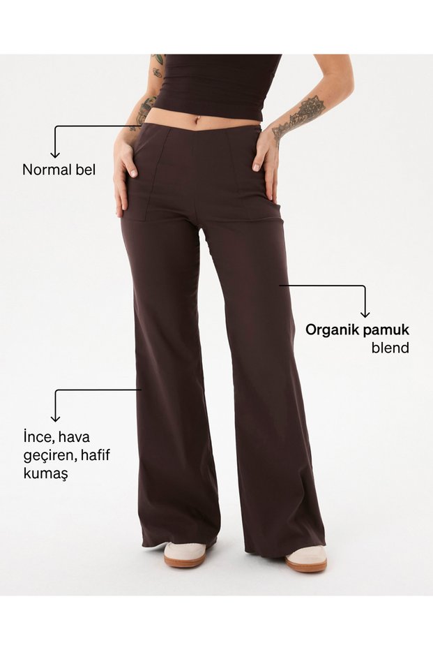 Women's Brown Flare Pants, Regular Waist, Wide Leg, Slim Fit Trousers