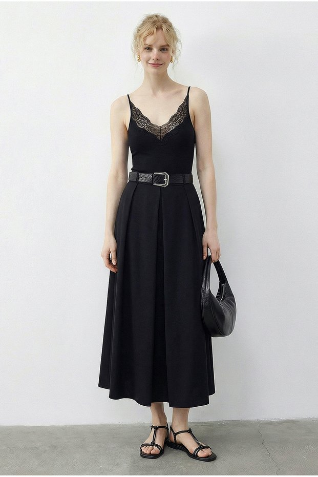 Women's Black Pleated Detailed Midi Length Belted Skirt 0856 60283958