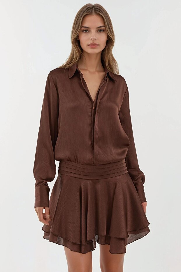 Shirt Collar Long Sleeve Ruffle Mini Dress