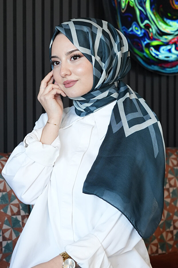 Geometric Pattern Dark Blue Cotton Shawl - 1