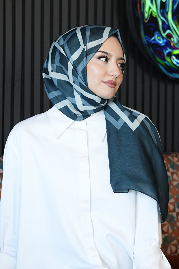 Geometric Pattern Dark Blue Cotton Shawl - 3