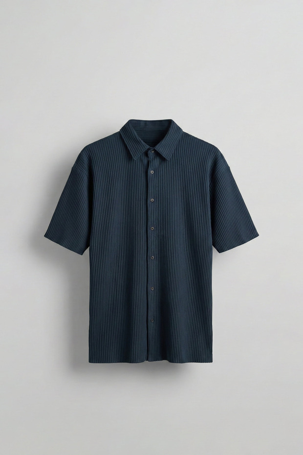 Men's Oversize Ribbed Cuban Collar Shirt Petrol Blue