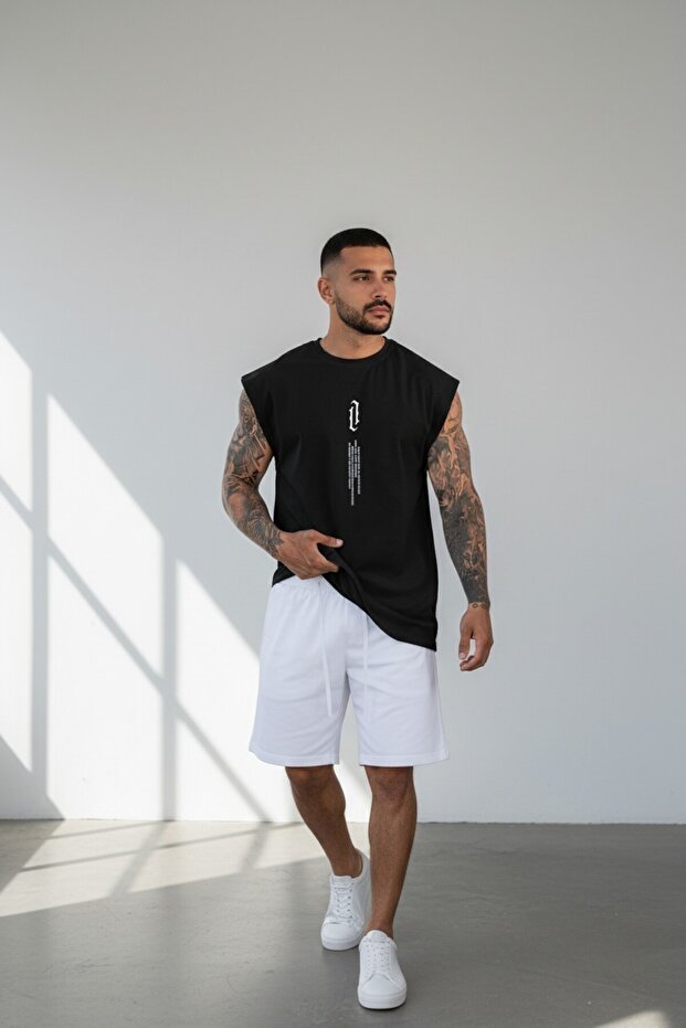 Men's Black Vertical Printed Oversize Sleeveless Crew Neck T-shirt