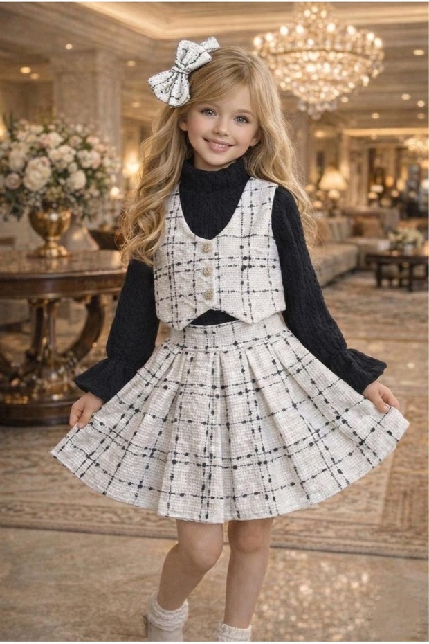 Girl's Vest Blouse Plaid Skirt Brooch Stylish Holiday Gift Set with Buckle Gift Set Order One Size Larger