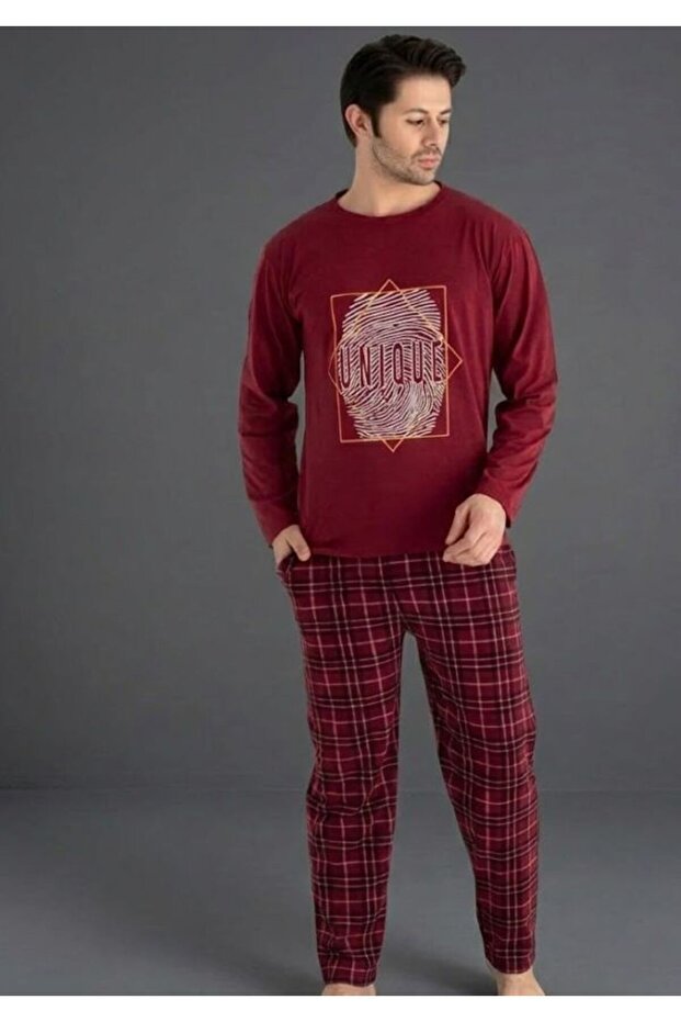 Men's plaid print long sleeve crew neck pajama set