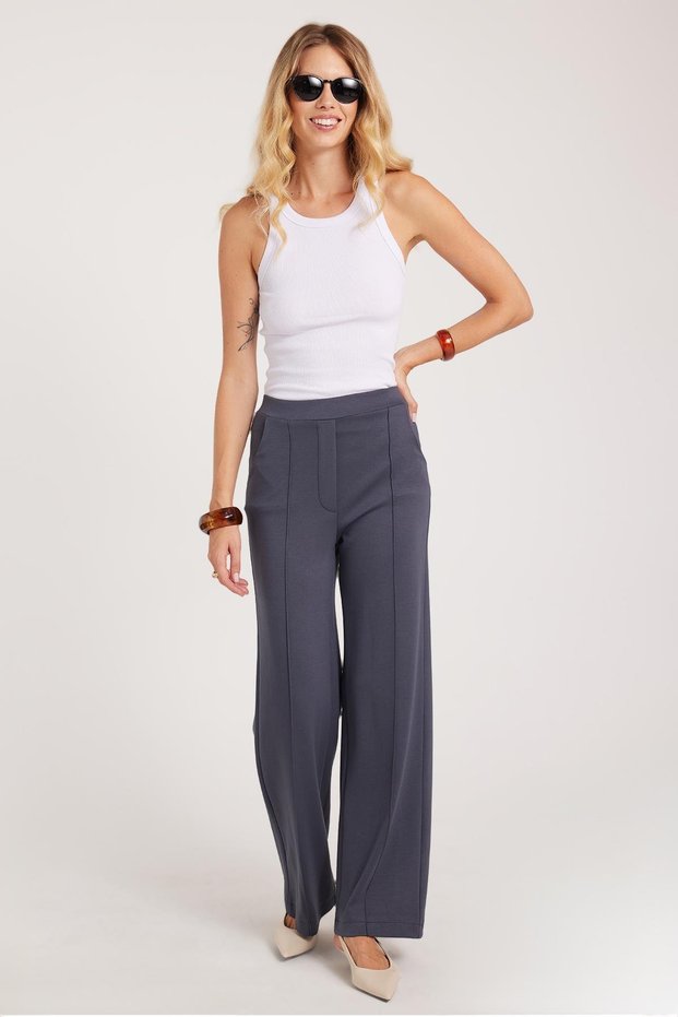 Women's Relax Fit Comfortable Cut Modal Fabric High Waist Wide Leg Anthracite Trousers