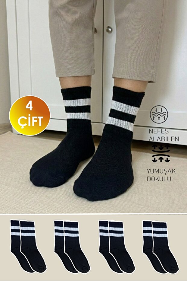 4 Pairs Black Striped College Tennis Socks