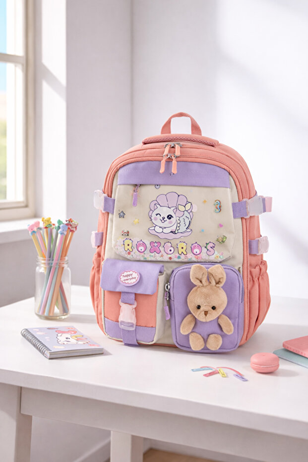 Korean Style Cat Pattern Multi-Compartment Primary School Backpack, Girls' School Bag