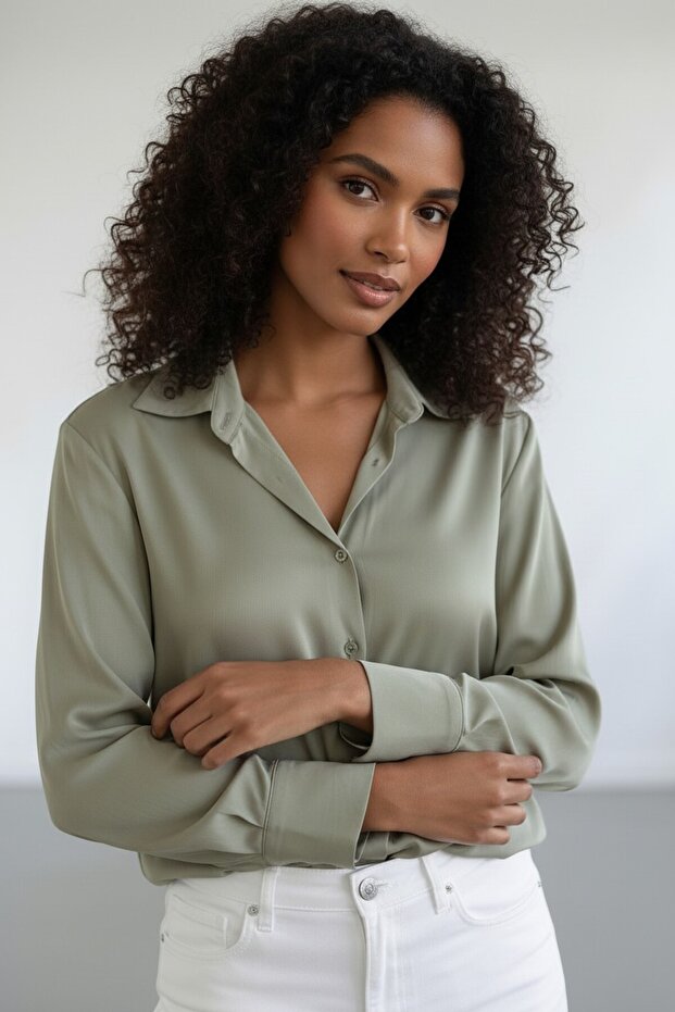 Mint Saten Basic Dökümlü Gömlek - 1