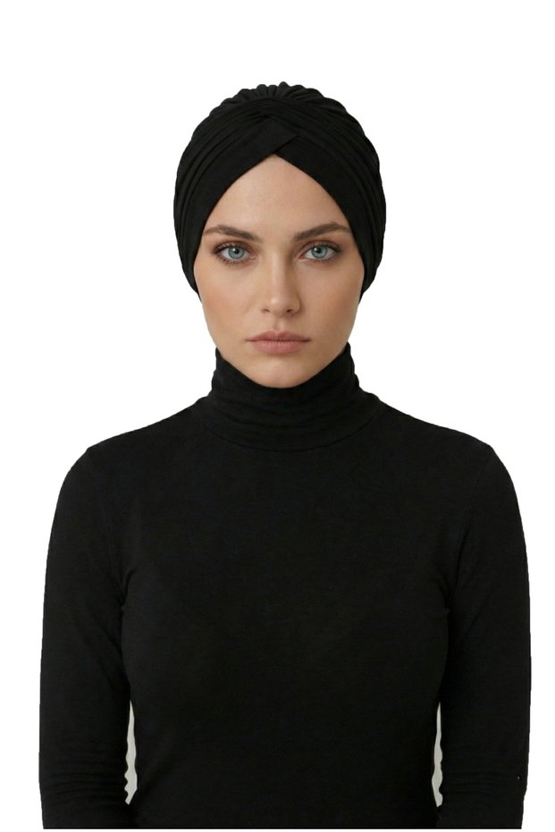 Black Ready-To-Wear Turban Hijab with Cross W Ribbed Band, Suitable for Medical Use