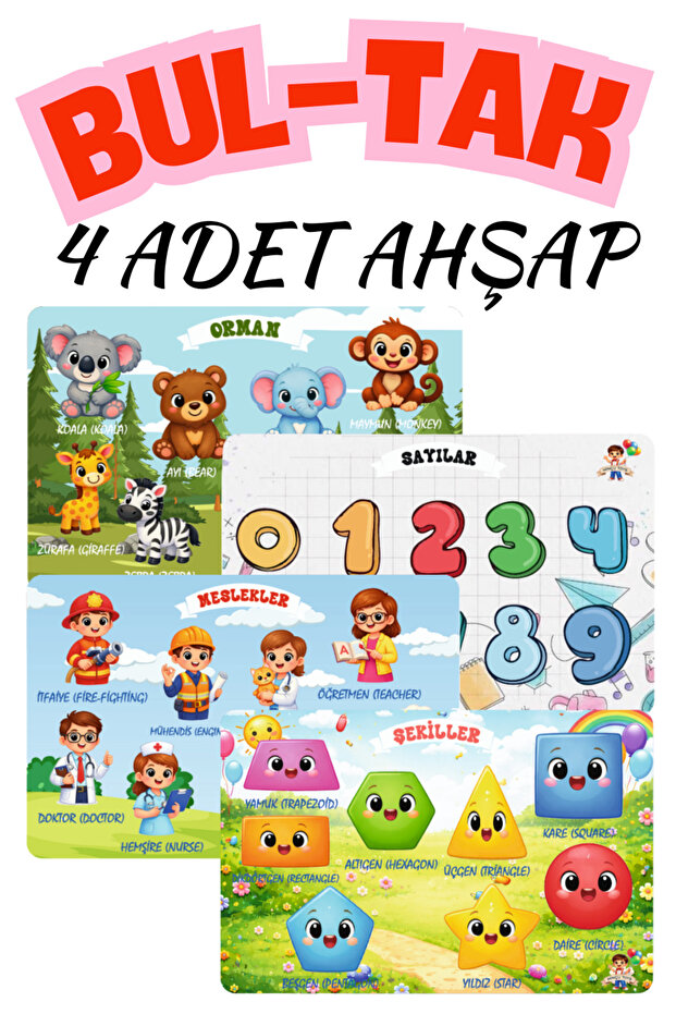 Minçu Toys Eğitici Ahşap Bul Tak Oyuncağı , Türkçe-İngilizce anlamlı, 4'lü Set + Zeka Geliştirici Oyuncak