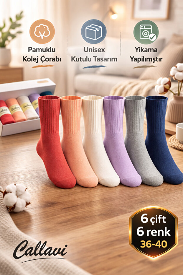 College Socks Socket Cotton 6 Pairs with Box